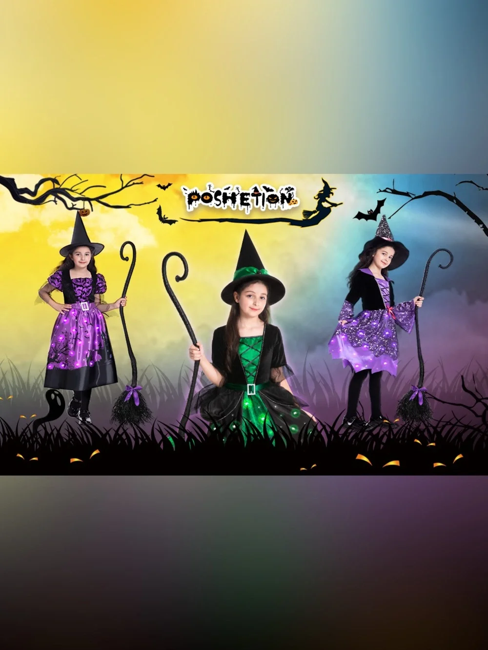 Poshetion Girls Witch Costumes, Light Up Halloween Witch Dress with Witch Broom